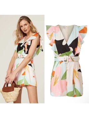 Great Jones Ruffle Sleeve Belted Romper 4 Floral Vacation Satin Pockets Pleated